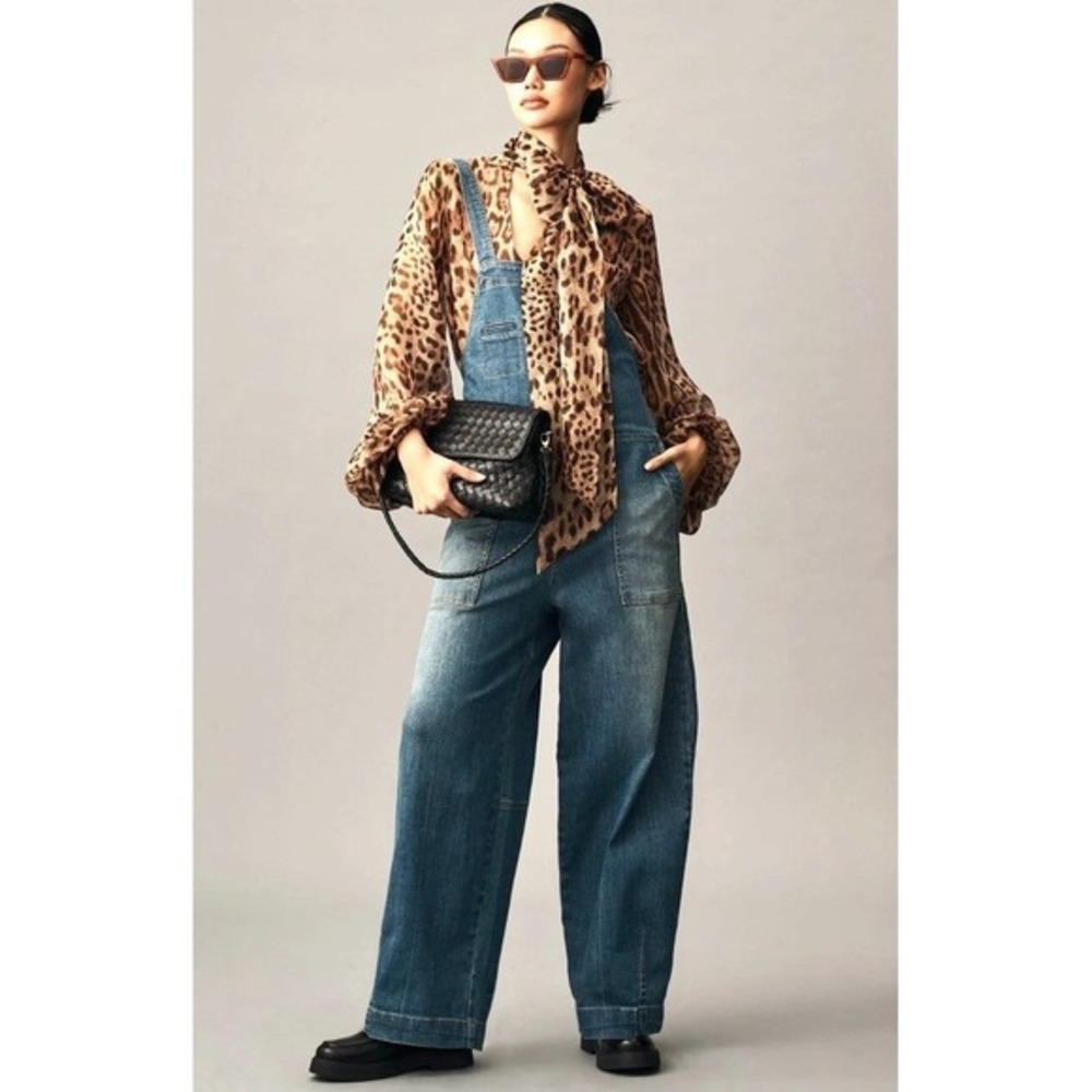 Anthropologie Pilcro Barrel-Leg Denim Overalls Zip Front Wide Leg Large Tall NWT